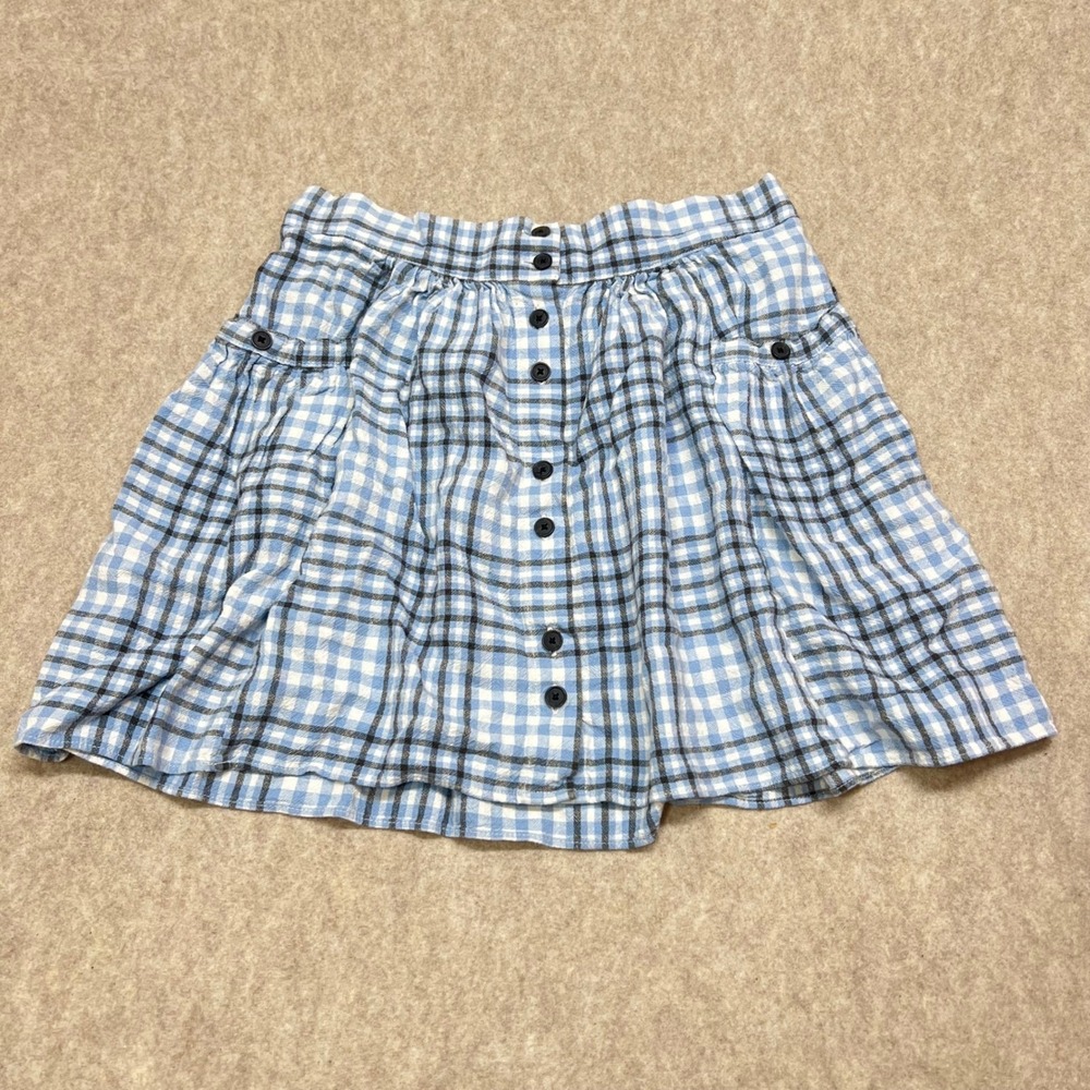 Urban Outfitters Blue Gingham Plaid Linen Blend Button Front Mini Skirt Sz M‎